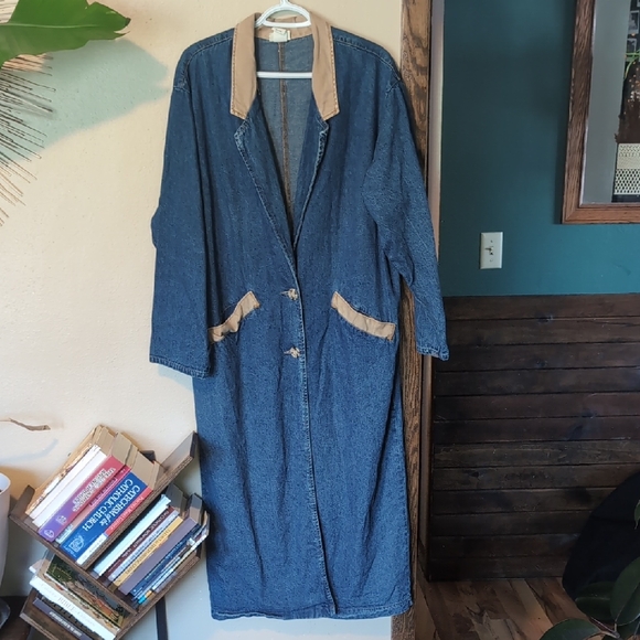 Vintage Denim Long Coat with Tan Details - Picture 1 of 6
